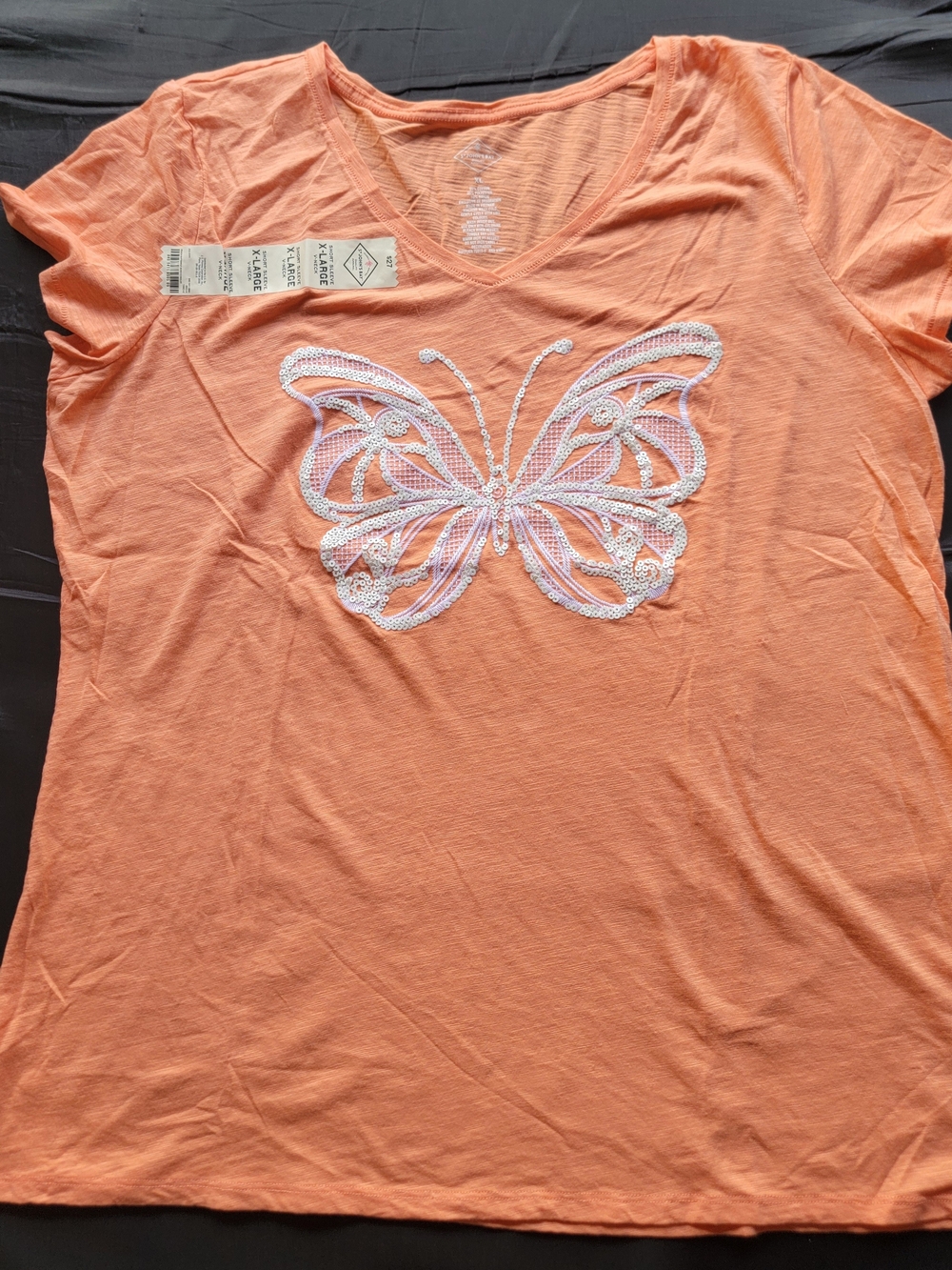 St. John's Bay Peach Short Sleeve V-Neck Tee with Butterfly Appliqué